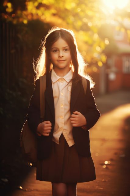 Young girl with brown hair, wearing school uniform and backpack, walking down a sunlit path. Morning sunlight filters through autumn trees, creating a warm and inviting ambiance. Suitable for educational content, back-to-school promotions, autumn-themed designs, and childhood-focused projects.
