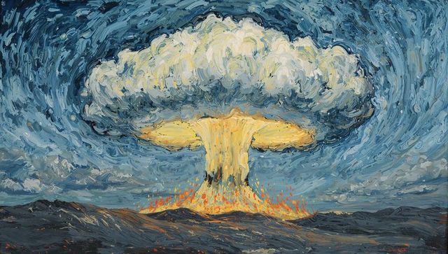 Vibrant Abstract Mushroom Cloud Over Rocky Plain