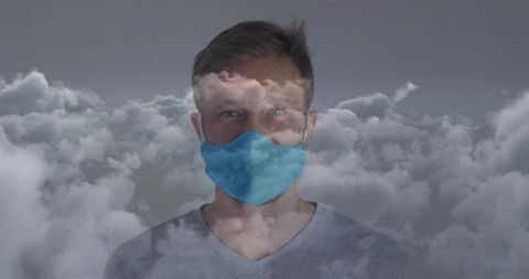 Surreal Portrait of Man in Cloth Mask Amid Clouds