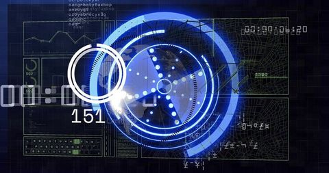 Holographic Blue HUD Interface Displaying Rotating Data Globe and Neon Map Overlay Panels