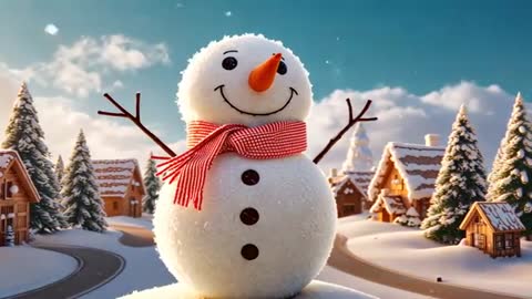 Snowy Village at Dawn with Cheerful Snowman in Focus
