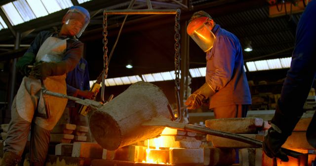 Industrial workers are wearing safety gear and handling molten metal in a steel foundry. There is a strong focus on teamwork and safety protocols as they work in the high-temperature environment. This image is suitable for use in topics related to heavy industry, manufacturing processes, workplace safety, and the metalworking industry.