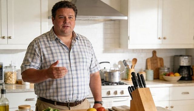 Gesturing man preparing meal at bright kitchen island with stainless pot and knife block
