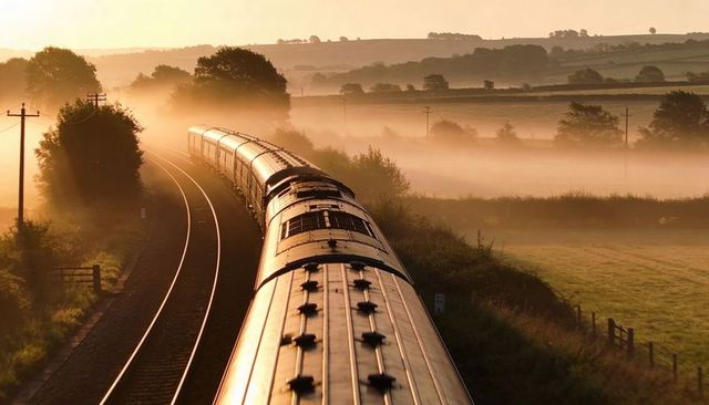 Gliding train reflecting golden sunrise, curving through misty rural countryside