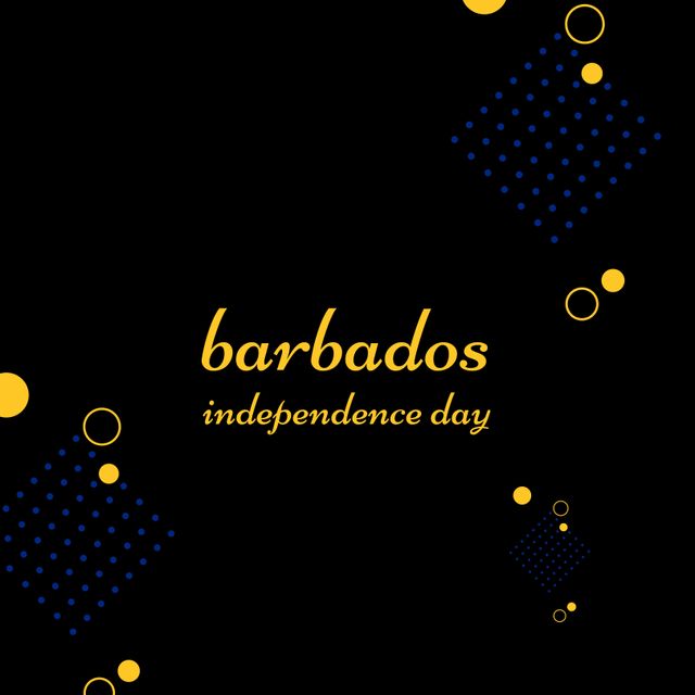 Festive banner design featuring 'Barbados Independence Day' text in yellow with blue and yellow geometric patterns on a black background. Ideal for social media posts, event invitations, promotional materials, and celebrations related to Barbados Independence Day.