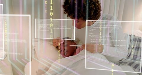 Mother checking child's fever with thermometer at bedside, cozy caregiving with digital health overl