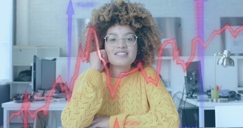 Smiling Businesswoman Having Videocall in Office with Overlaid Graphs