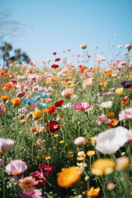 Colorful wildflowers blooming in a sunny spring meadow with a clear blue sky. This vibrant and cheerful scene can be used for nature-themed backgrounds, spring promotions, gardening blogs, or environmental campaigns.