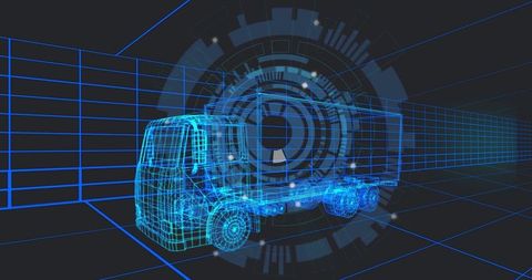 Futuristic wireframe truck in virtual 3d grid with digital interface