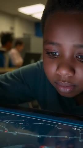 Young Student Exploring Interactive Star Map on Touchscreen in Classroom Vertical Video