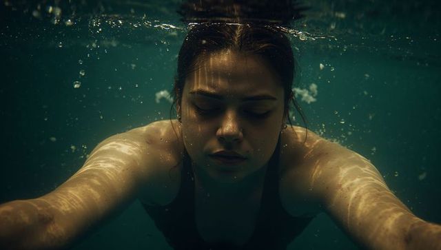 Female swimmer gliding underwater holding breath with caustic light patterns and bubbles