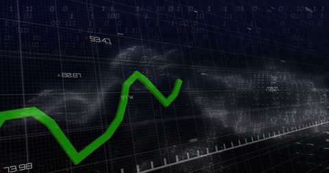 Green financial trend line rising on dark digital grid displaying real-time analytics