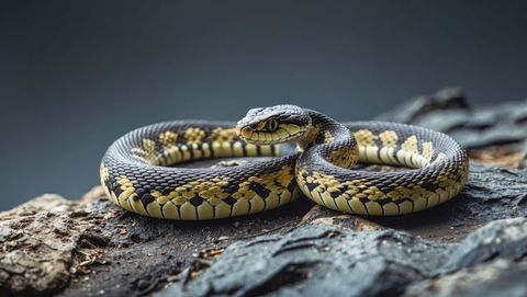 Elegant yellow-and-black snake coiled on textured bark
