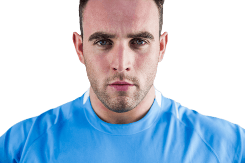 Rugby Player in Blue Sportswear with Serious Look on Transparent Background