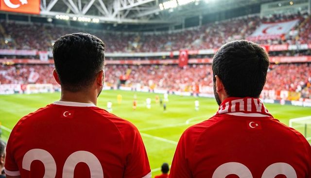 Turkey football fans cheering in stadium wearing red jerseys and waving scarves