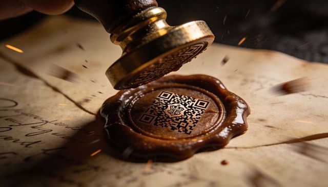 Pressing brass seal into warm wax revealing QR code on vintage parchment with sparks