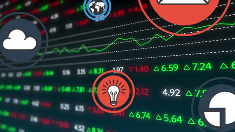 Digital Finance Icons with Data Visuals Displayed in Dynamic Animation