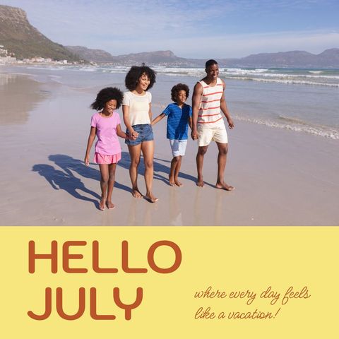 african american family with two children enjoying a sunny day at the beach in july. perfect for advertisements about family vacations, summer getaways, or tourism promotions. embodies warmth, relaxation, and togetherness, ideal for travel brochures or promotional content.