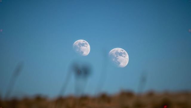 Twin moons floating over blurred grass horizon, surreal celestial landscape at dusk