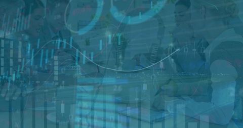 Digital Graphs Over Business Team Discussing Finance Strategies
