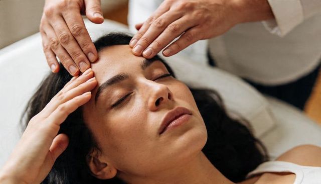 Relaxing forehead massage for woman on spa bed esthetician performing facial therapy