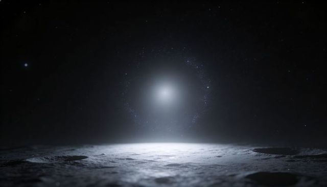 Luminescent Orb Hovering Above Lunar Surface with Haloed Starfield for Sci-Fi Concept