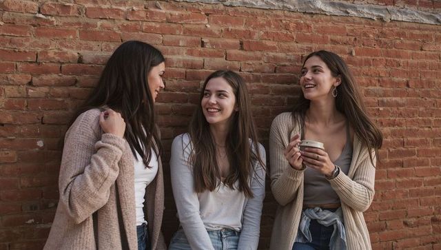Laughing young women chatting over coffee against rustic red brick wall in casual knitwear