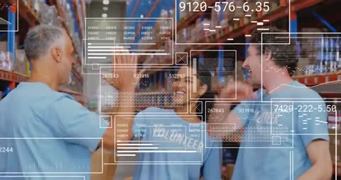 Volunteers High-Five in Warehouse Celebrating Teamwork with Data Overlays