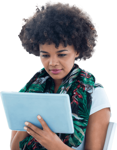 Enthusiastic Focused Woman With Tablet on Transparent Background