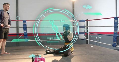 Female boxer preparing for round with augmented reality hud and coach in boxing ring