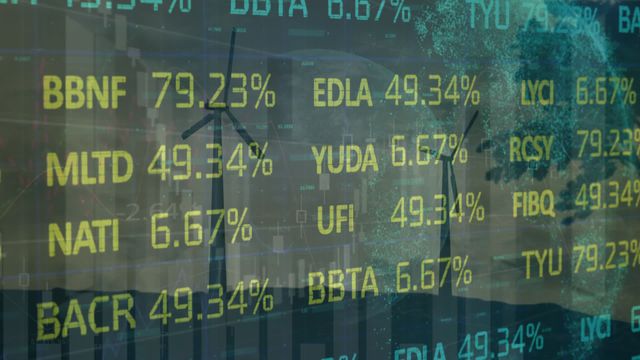 Stock market data overlay showing global trading figures alongside windmills representing renewable energy. This is useful for themes involving global economy, finance, sustainable energy, and investment strategies. Ideal for illustrating the integration of renewable energy technology within the financial sector and promoting eco-friendly investments.