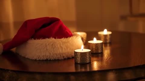 Revealing Red Santa Hat and Tealight Candles on Wooden Table, Creating Warm Cozy Holiday Glow