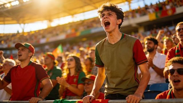 Young male fan cheering loudly in sunlit stadium wearing olive and red jersey waving scarf