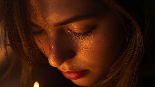 Candlelit close-up capturing dewy skin, long lashes and warm makeup, intimate beauty portrait