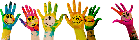 Colorful Hands with Painted Smiley Faces on Transparent Background