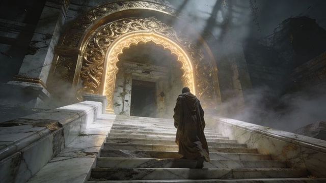 Cloaked pilgrim ascending marble staircase toward ornate gilded temple arch, light piercing mist