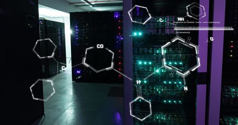 Floating chemical structures in data server room for research and tech