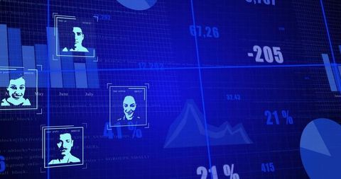 Blue biometric analytics dashboard displaying facial recognition faces and data visuals