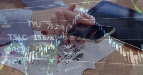 Tapping Smartphone Over Sketches with Stock Market Charts Overlay, Analyzing Data