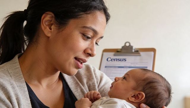 Mother cradling newborn while completing census form on clipboard, close-up maternal bonding