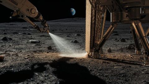 Lunar lander thruster blasting regolith near gold footpad with earth rising and dust plume