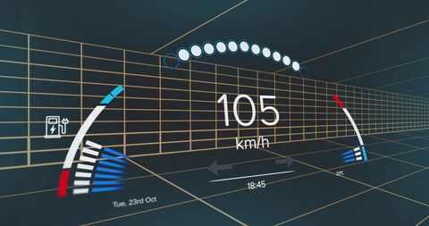 Futuristic hud projecting 105 km/h over 3d wireframe grid for vehicle interface