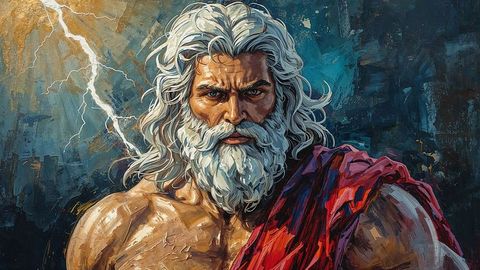 Zeus Inspired Figure with Lightning in Dramatic Illustration