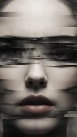 Shifting glitch bands sweeping across woman's face, obscuring eyes, smoky grayscale vertical video