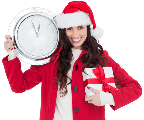 Festive woman in santa hat holding clock and gift on transparent background