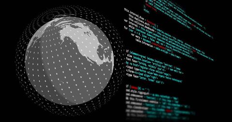 Rotating digital globe displaying code overlay and dotted network rings for cybersecurity