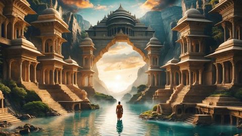 Saffron-clad monk crossing tranquil river in enchanting temple landscape