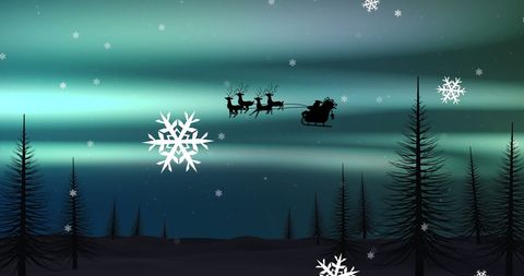 Silhouette of Santa's Sleigh Against Northern Lights with Snowflakes