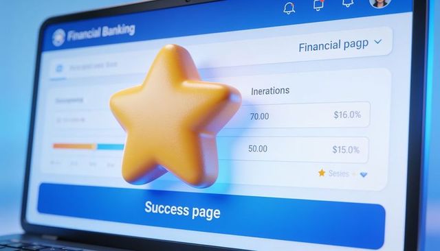 Floating glossy golden 3d star hovering over laptop showing financial dashboard and success page