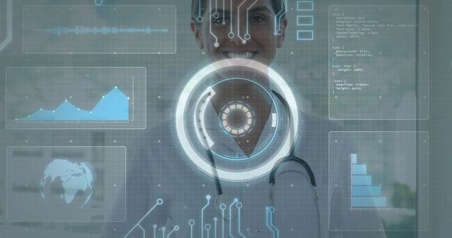 Female doctor engaging with virtual holographic interface in advanced laboratory